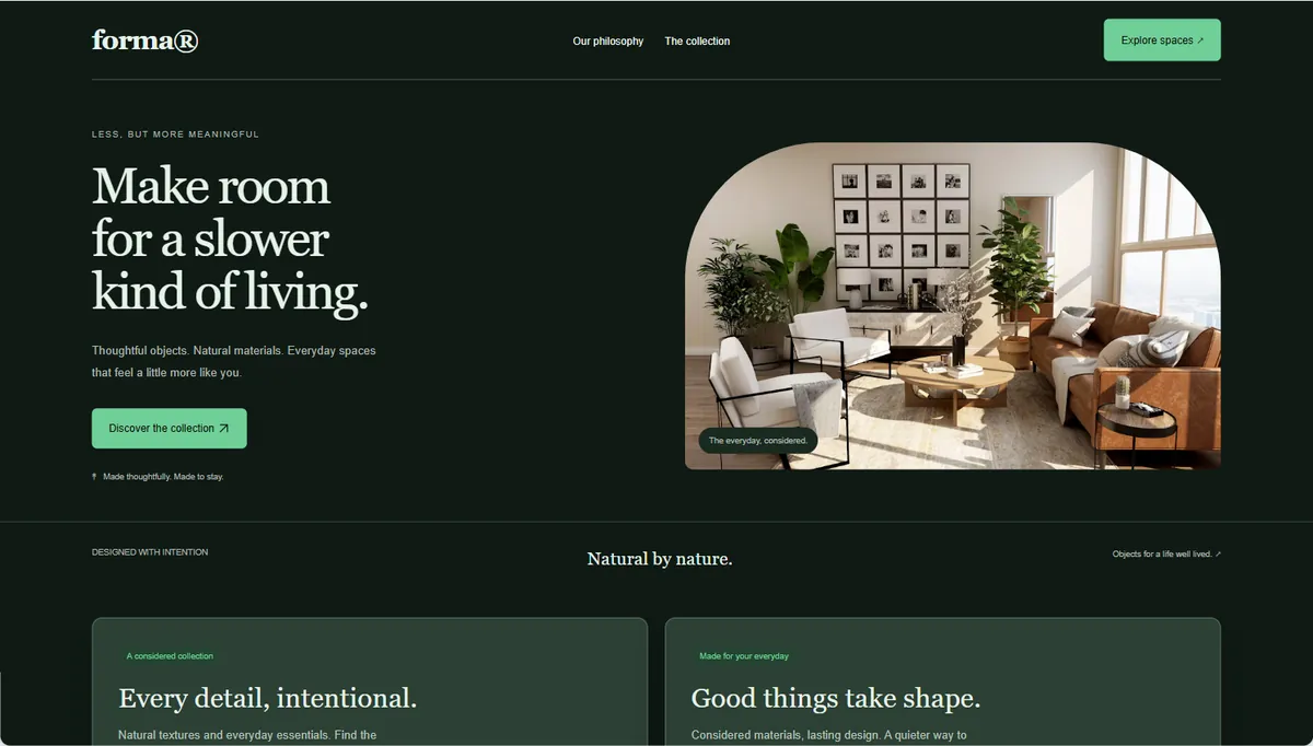 Example website restyled in Deep forest, expressive