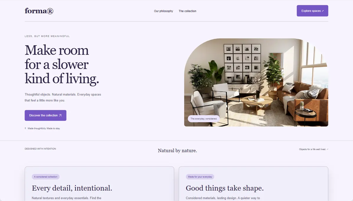 Example website restyled in Lavender haze, expressive