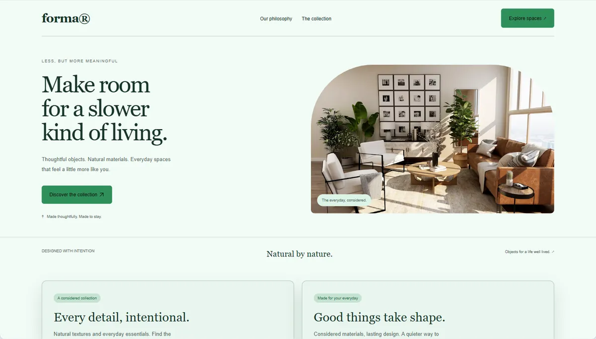 Example website restyled in Mint cream, expressive