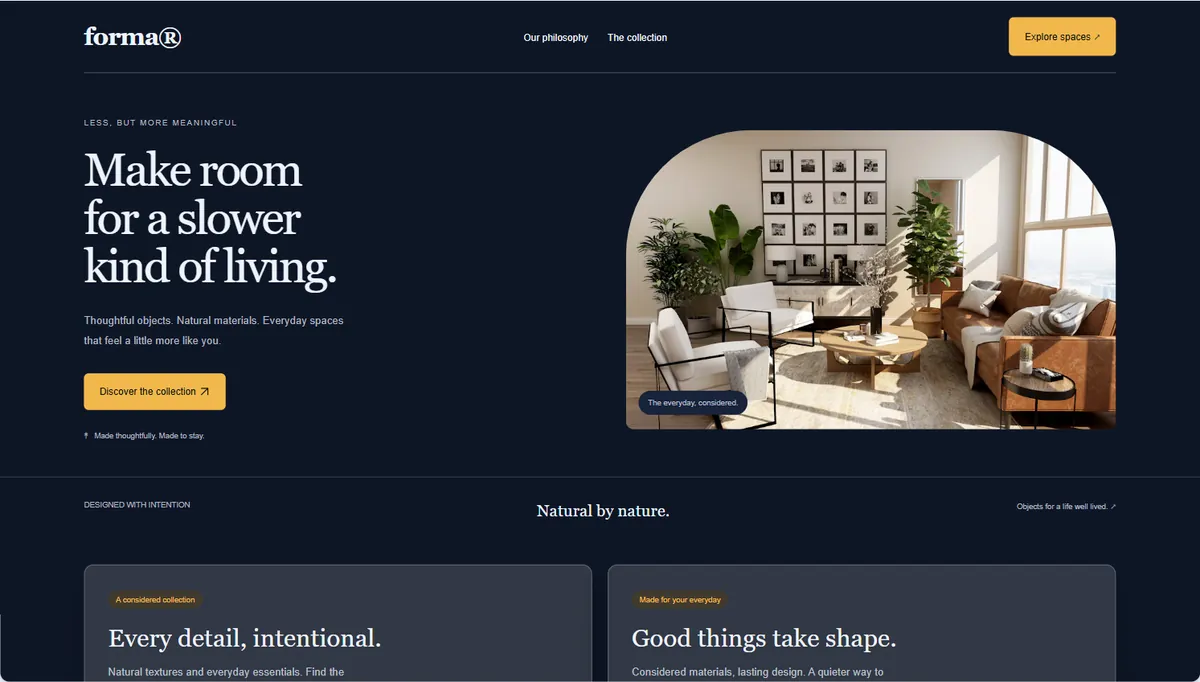 Example website restyled in Navy & gold, expressive