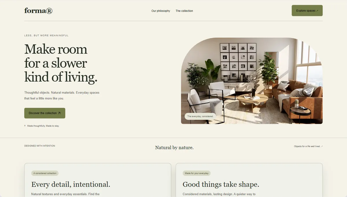 Example website restyled in Olive & oat, expressive