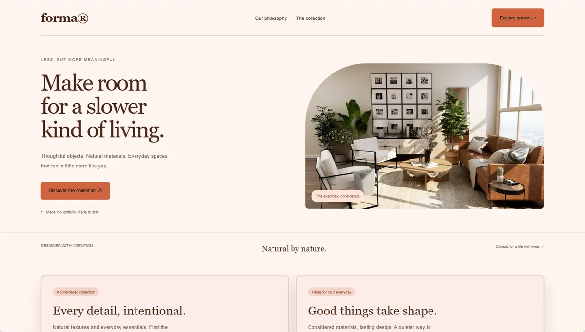 Example website restyled in Peach fuzz, expressive