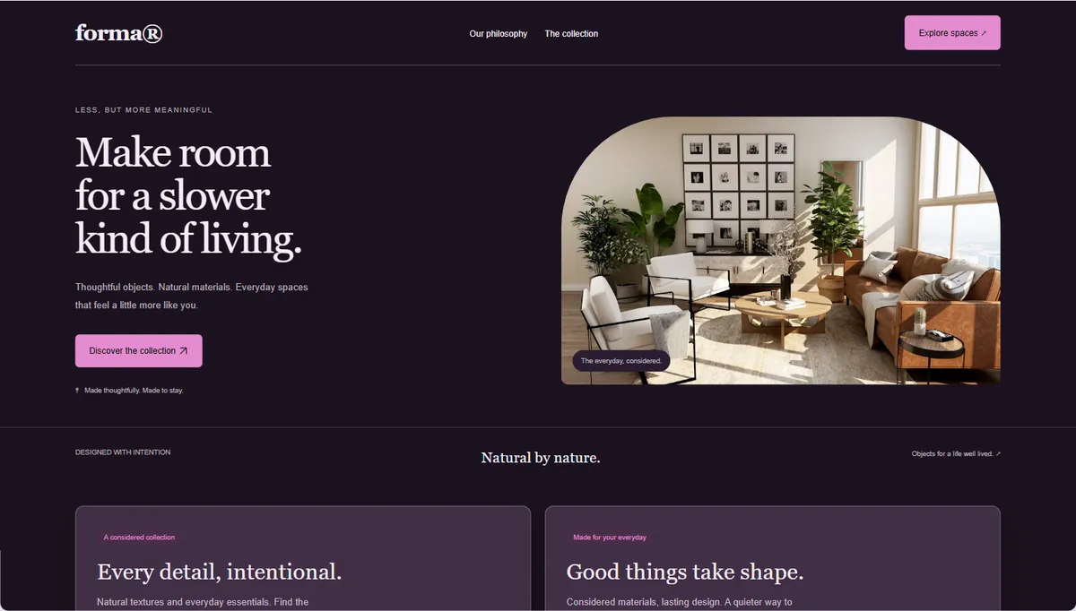 Example website restyled in Plum night, expressive